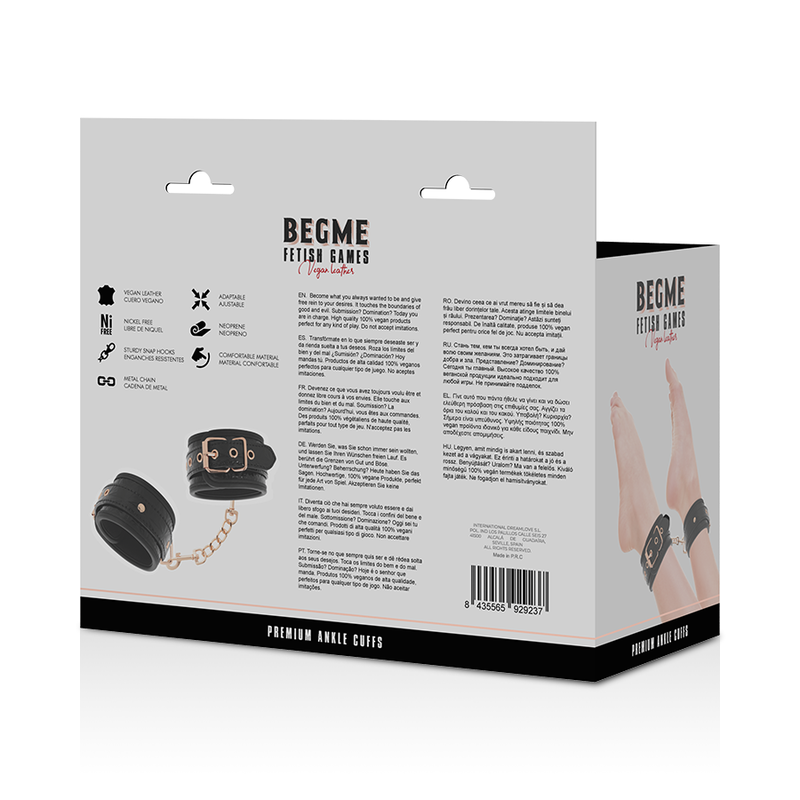 Bracelet de cheville de soumission en cuir végétalien avec doublure intérieure, sangle réglable avec chaîne dorée Begme Black Edition