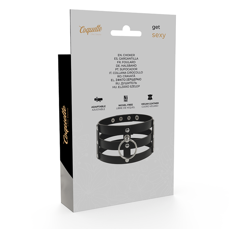 Collier Ras Du Cou En Cuir Vegan Noir À Trois Bandes Avec Crochet O-Ring En Acier Coquette Chic