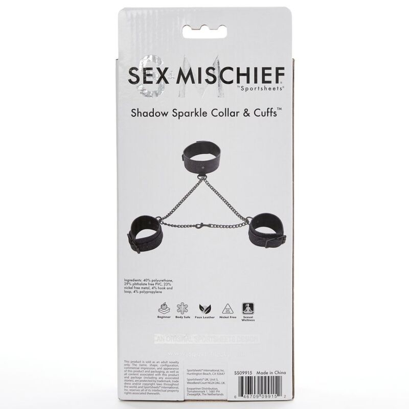 Imbracatura bondage pelle e nylon regolabile con collare e polsini catenella in acciaio per giochi fetish bdsm SEX AND MISCHIEF