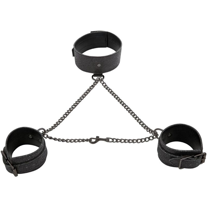 Imbracatura bondage pelle e nylon regolabile con collare e polsini catenella in acciaio per giochi fetish bdsm SEX AND MISCHIEF