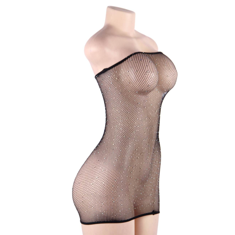 Abito sexy bodystocking a rete con punti luce in strass materiale elastico design sensuale trasparente Queen Lingerie