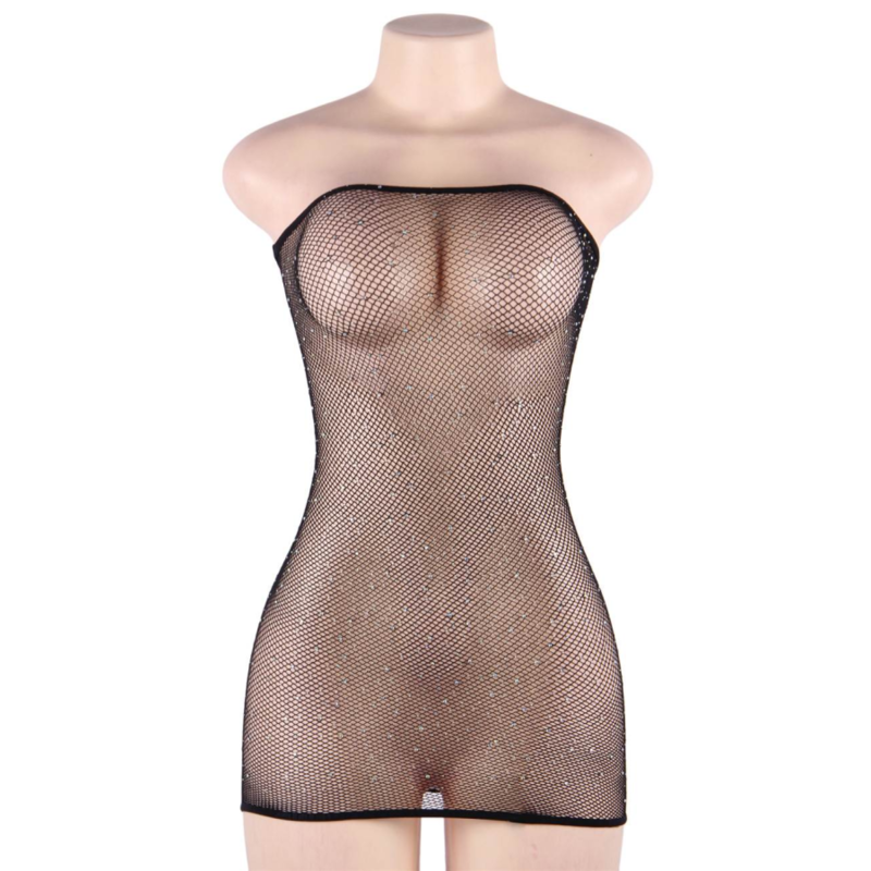 Abito sexy bodystocking a rete con punti luce in strass materiale elastico design sensuale trasparente Queen Lingerie