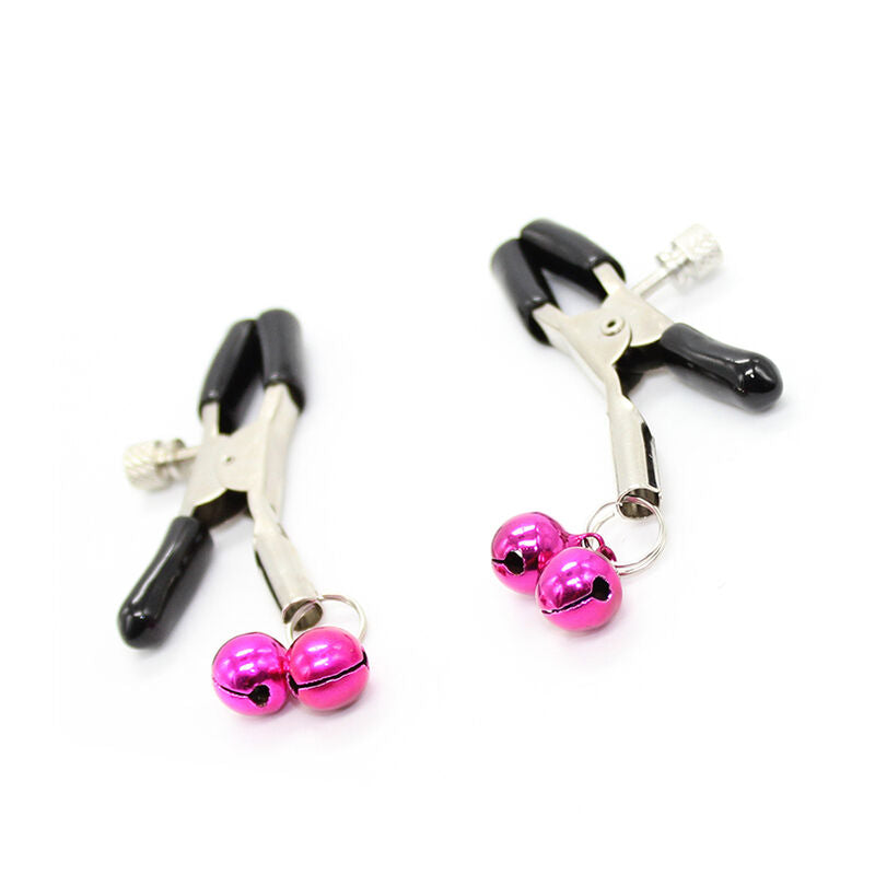 pinze per capezzoli in metallo regolabili con copertura morbida e campanelle fucsia ohmama fetish