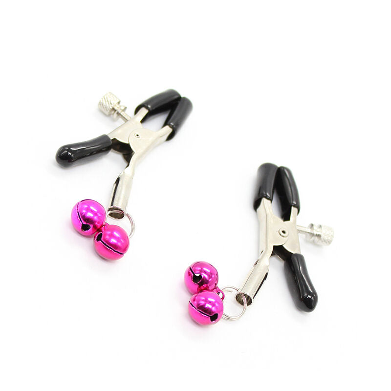 pinze per capezzoli in metallo regolabili con copertura morbida e campanelle fucsia ohmama fetish