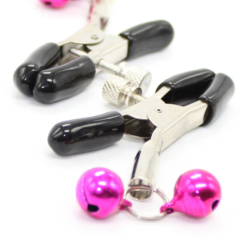 Pinze morsetti per capezzoli forma a pinza in metallo con vite per regolazione pressione e doppia campanella rosa ohmama