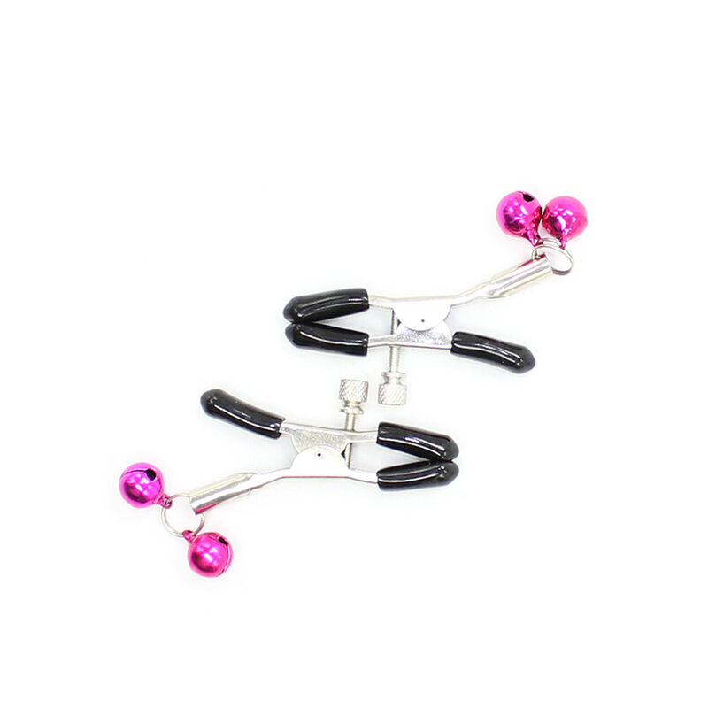 pinze per capezzoli in metallo regolabili con copertura morbida e campanelle fucsia ohmama fetish