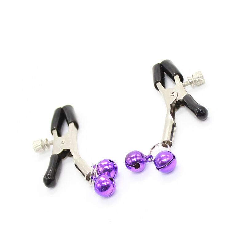 Pinze regolabili per capezzoli in metallo con campanelle viola senza nickel morbide Ohmama Fetish