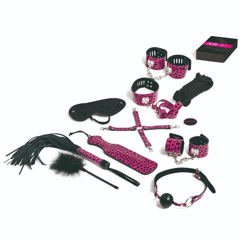 Set bondage sadomaso serie lusso in kit 13 accessori pelle leopardata magenta gioco di coppia master e slave