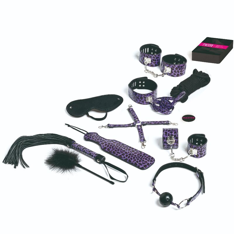 Set bondage sadomaso serie lusso in kit 13 accessori pelle leopardata viola gioco di coppia master e slave