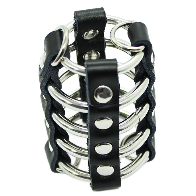 Gabbietta di castità in pelle ed acciaio con borchie per pene fetish bondage ohmama