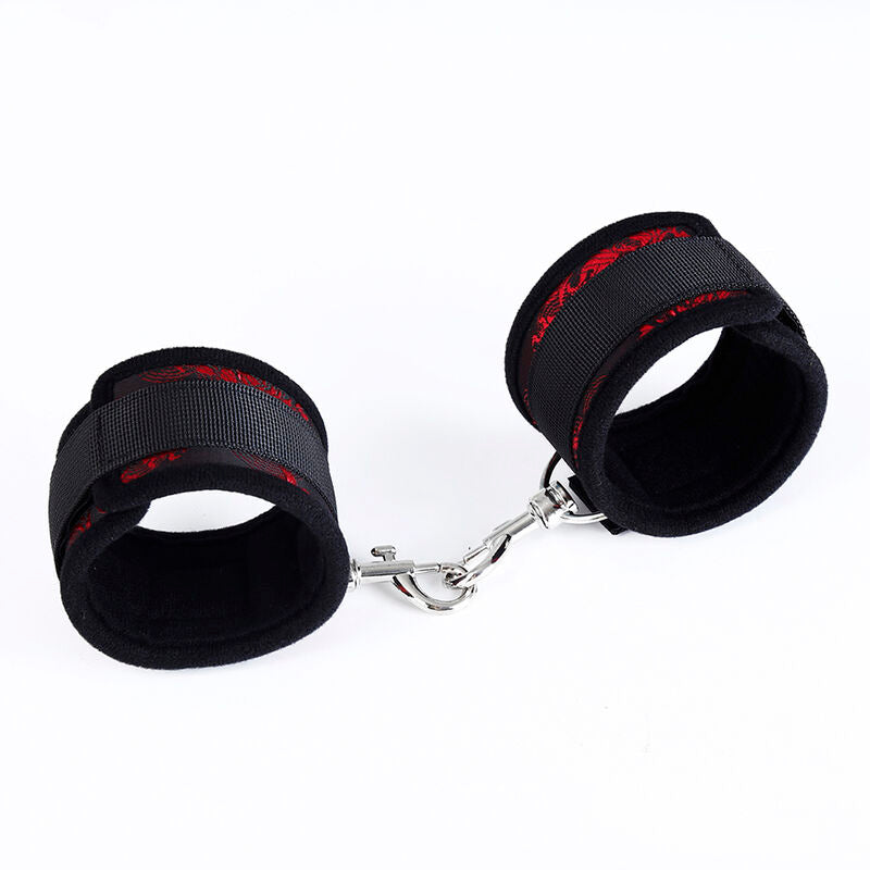 Manette polsiere in pelle e nylon con strappo con ganci metallici bondage 