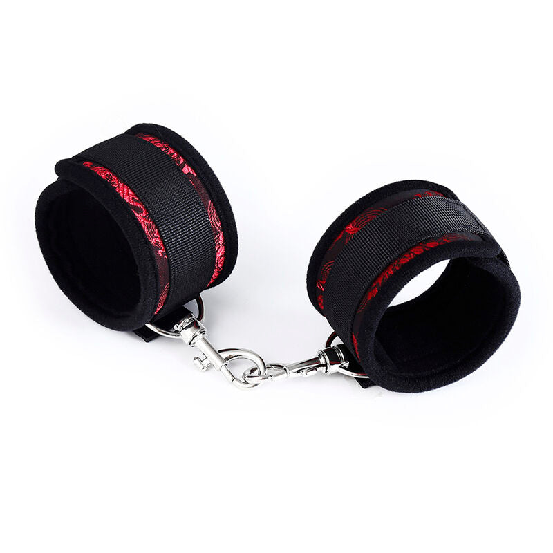 Menottes en cuir et nylon avec déchirures et crochets de bondage en métal