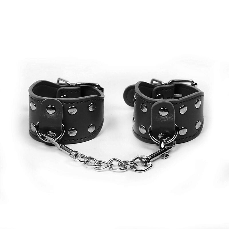 Manette polsiere in pelle nera con borchie catena e ganci metallici bondage 