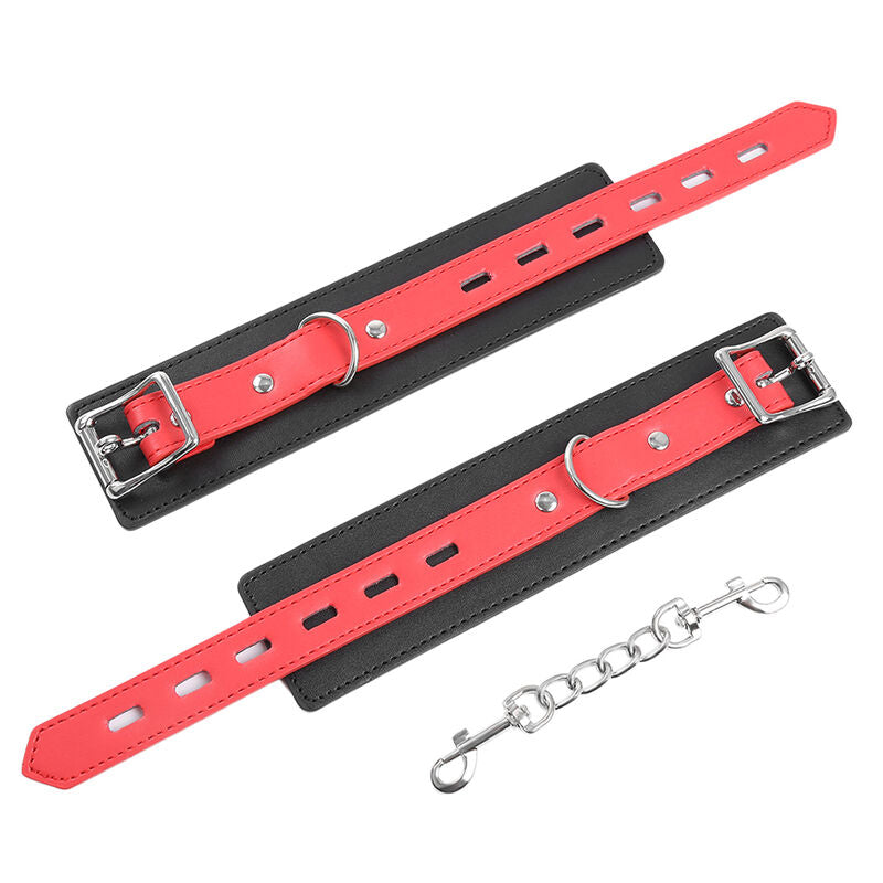 Menottes de poignet en cuir noir et rouge avec boucle réglable et crochets de traction Bdsm Bondage