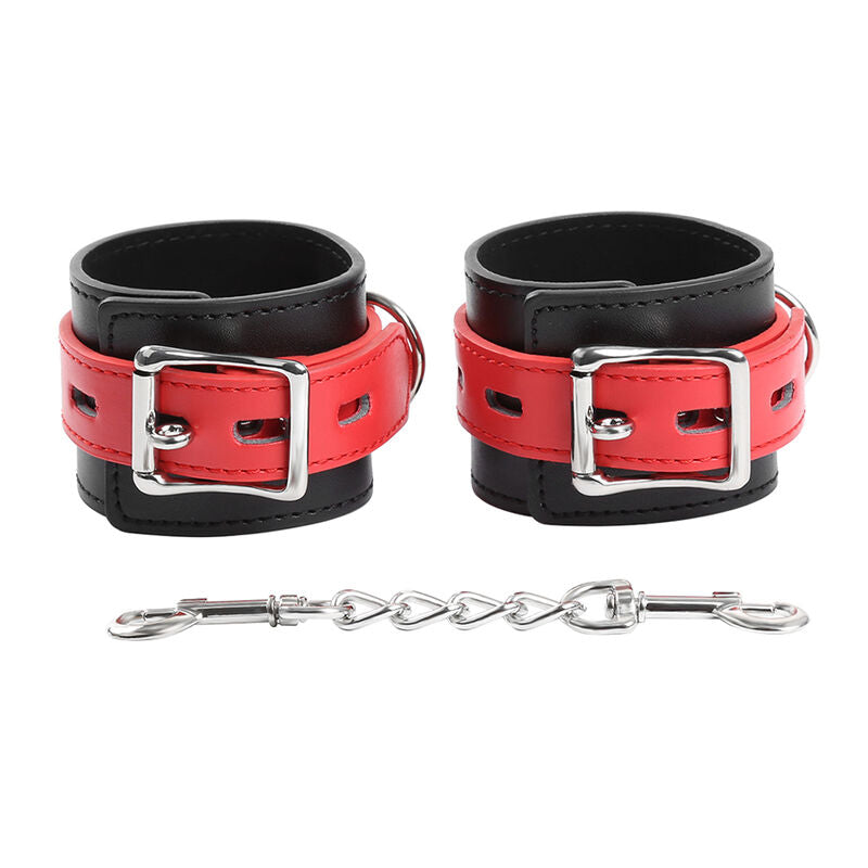 Menottes de poignet en cuir noir et rouge avec boucle réglable et crochets de traction Bdsm Bondage