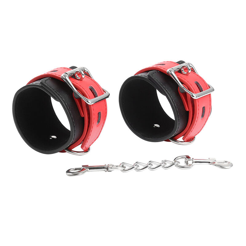 Menottes de poignet en cuir noir et rouge avec boucle réglable et crochets de traction Bdsm Bondage