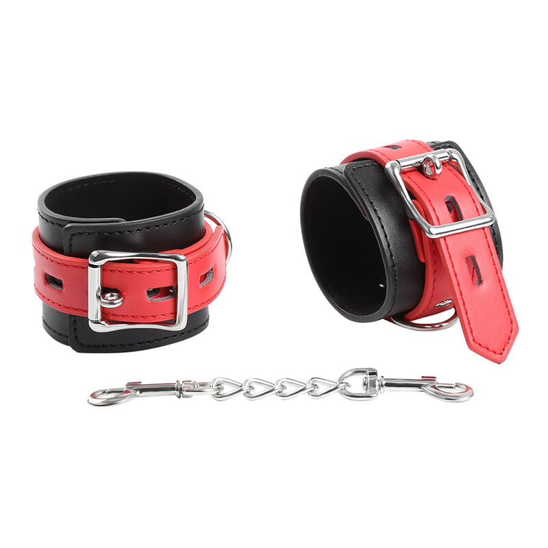 Menottes de poignet en cuir noir et rouge avec boucle réglable et crochets de traction Bdsm Bondage