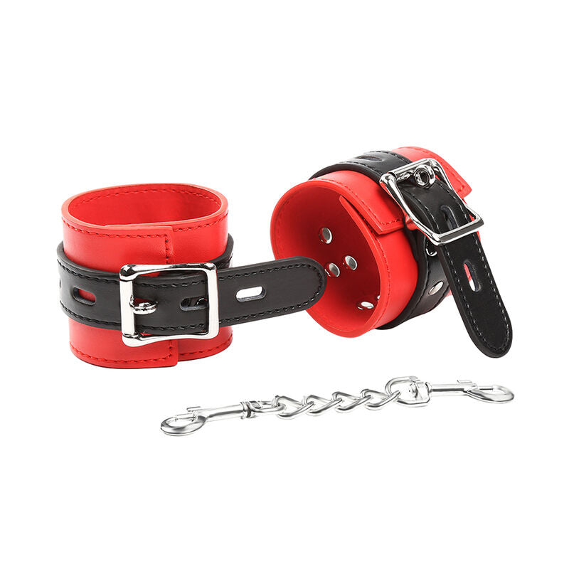 polsini manette in pelle rosso nero regolabili con catenella e moschettoni per giochi bdsm fetish ohmama fetish