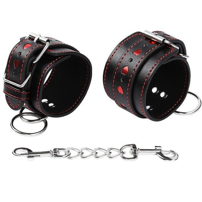 Polsini manette in pelle nera da costrizione con fibia di regolazione e catenella con moschettoni bdsm fetish ohmama