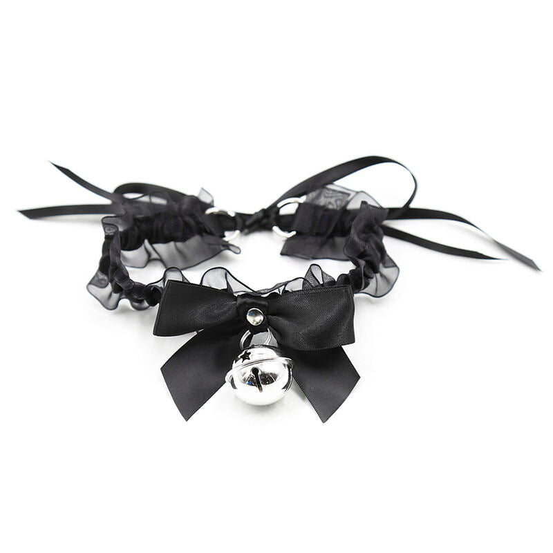 Collare collana in pizzo nera con campanellino  e laccetto Ohmama