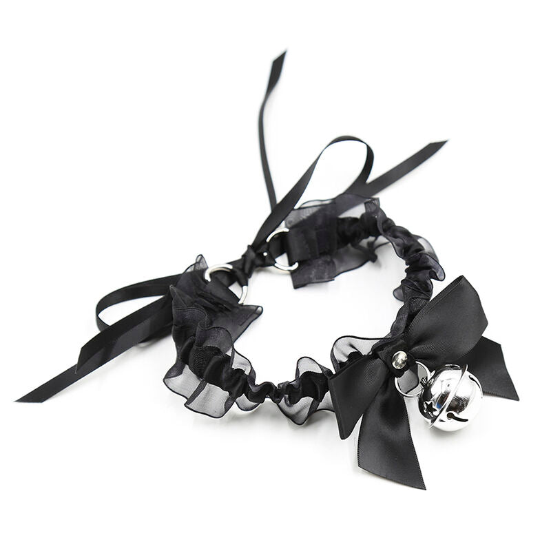 Collare collana in pizzo nera con campanellino  e laccetto Ohmama
