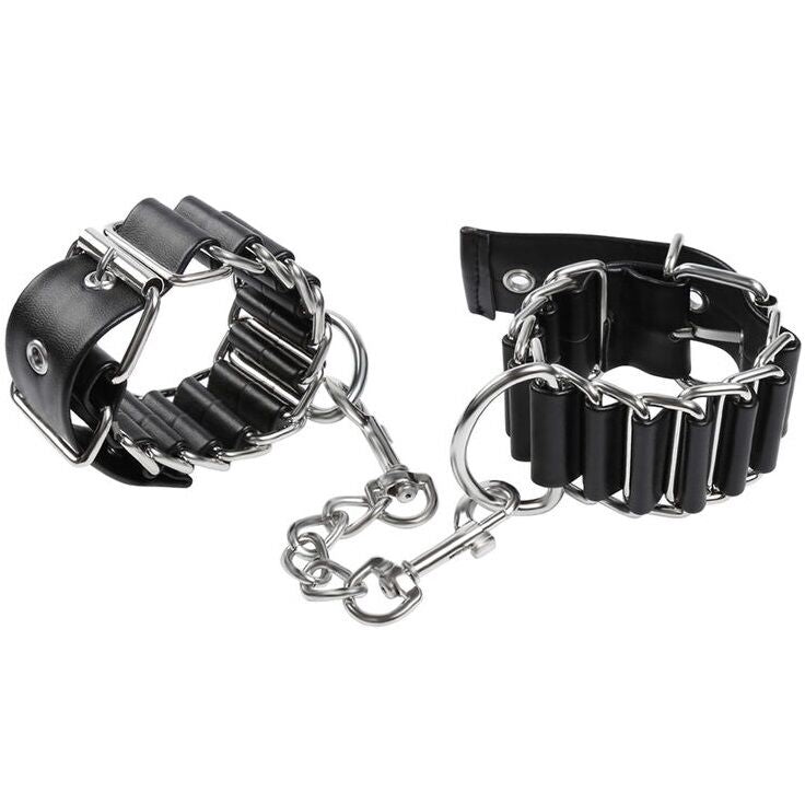 Manette polsiere in pelle ed acciaio con fibia di regolazione ganci e moschettoni in acciaio bondage 