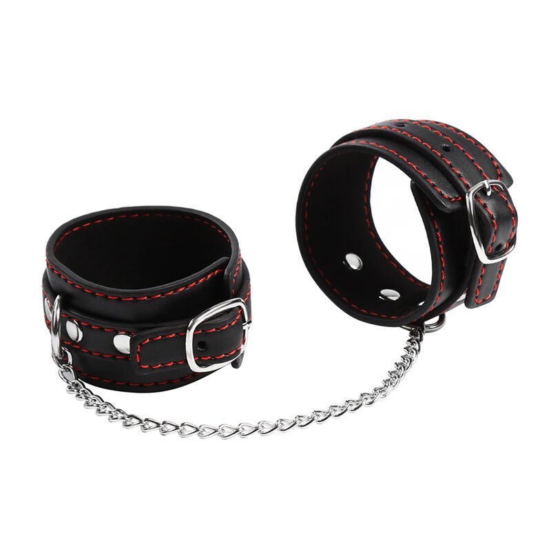 Manette polsiere in pelle con fibia regolabile e catena metallica bondage 