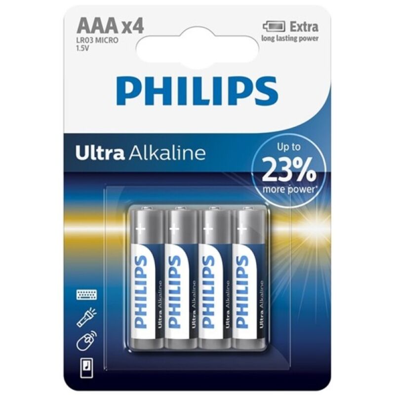 Batterie alcaline aaa lr03 ultra potenza 1.5v confezione 4 pezzi per dispositivi elettronici portatili philips