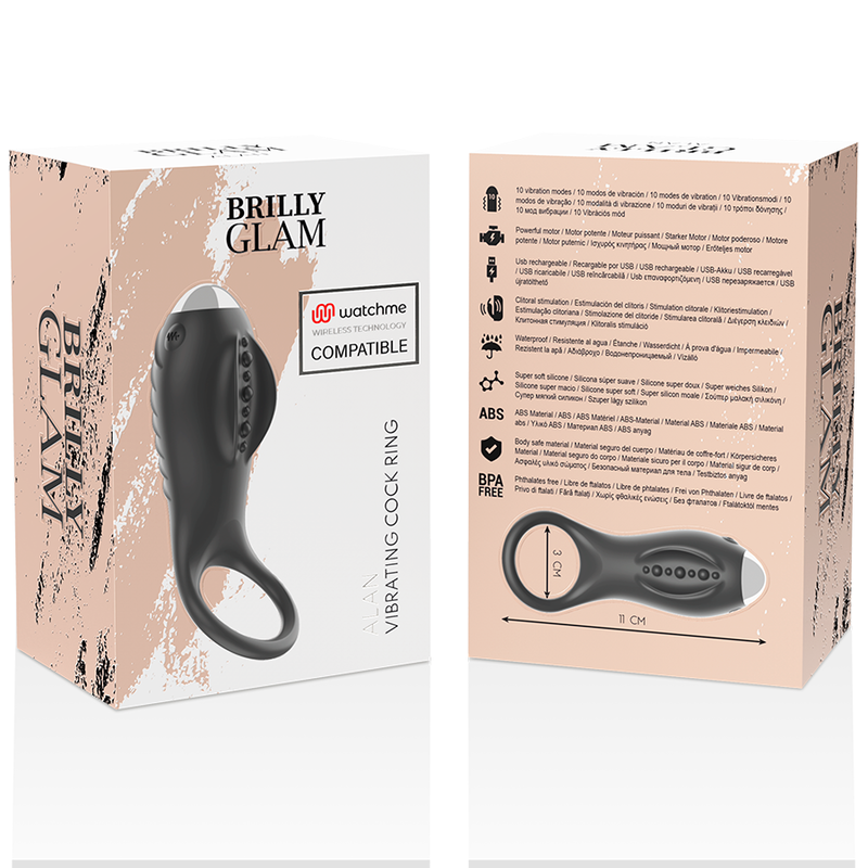Anello fallico vibrante in silicone per coppia con tecnologia wireless Watchme stimolatore clitorideo Brilly Glam