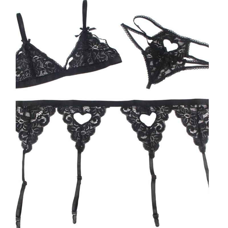 Set lingerie tre pezzi nero comfort ed eleganza design esclusivo reggiseno reggicalze perizoma SUBBLIME SETS