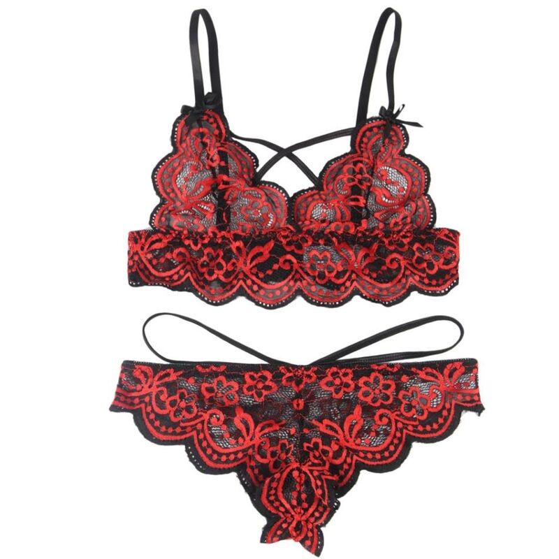 Set intimo donna due pezzi pizzo e perizoma regolabile rosso nero elegante e sensuale Subblime Sets