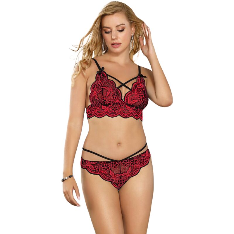 Set intimo donna due pezzi pizzo e perizoma regolabile rosso nero elegante e sensuale Subblime Sets