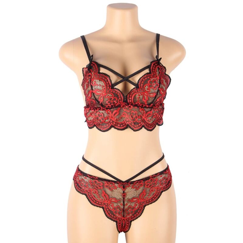 Set intimo donna due pezzi pizzo e perizoma regolabile rosso nero elegante e sensuale Subblime Sets