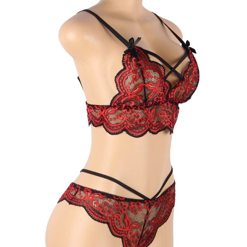 Set intimo donna due pezzi pizzo e perizoma regolabile rosso nero elegante e sensuale Subblime Sets
