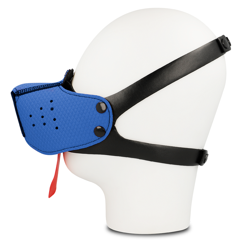 Mascherina museruola bondage blu regolabile 4 posizioni a forma di cane con lingua in neoprene Ohmama Fetish