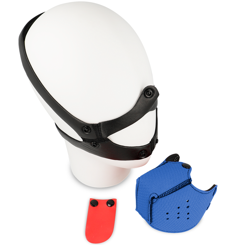 Mascherina museruola bondage blu regolabile 4 posizioni a forma di cane con lingua in neoprene Ohmama Fetish