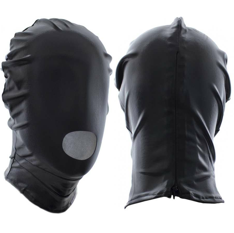 Cappuccio passamontagna fetish con zip nuca e bocca aperta chiusa occhi coperti poliestere pvc poliuretano ohmama fetish