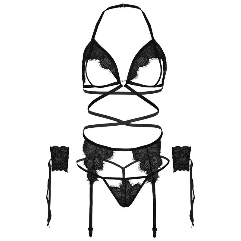 Leg Avenue - Set Quattro Pezzi Reggiseno, G-String, Reggaltura E Polsini Taglia Unica - Nero