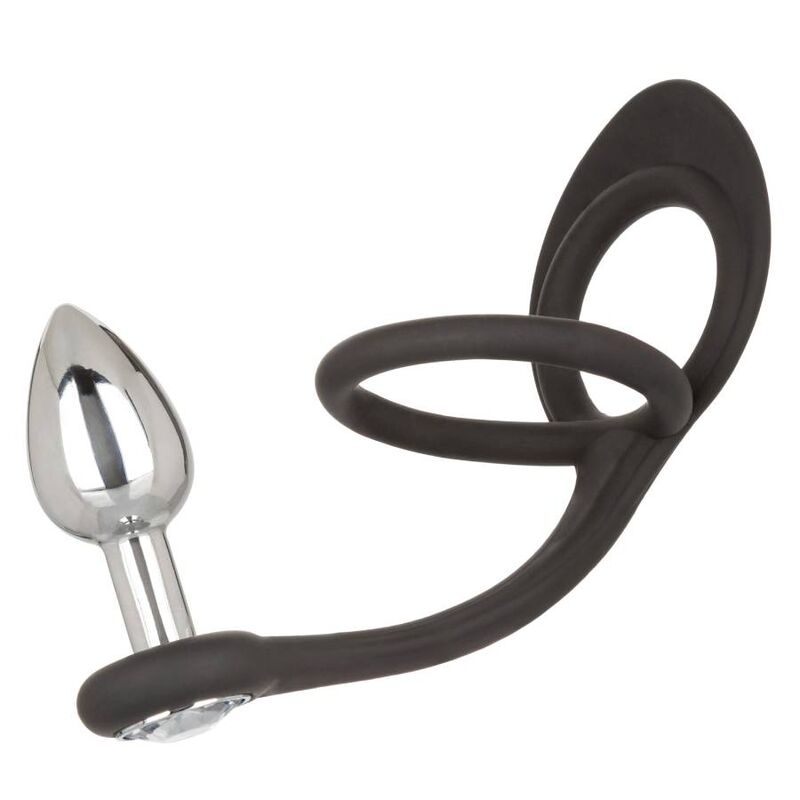 Plug anale in metallo con forma a goccia con doppio anello falloco in silicone per pene e testicoli california exotics