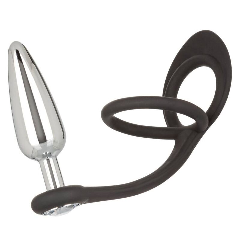 Plug anale in metallo con forma a spina sottile con doppio anello falloco in silicone per pene e testicoli california exotics