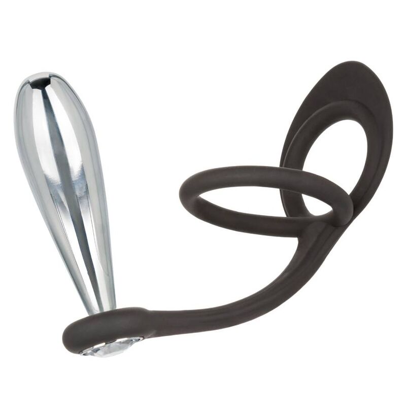 Plug anale in metallo con aliante con doppio anello falloco in silicone per pene e testicoli california exotics