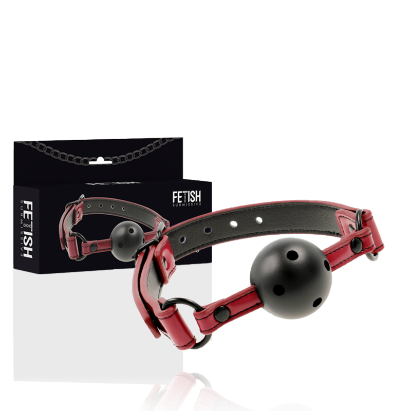 Morso bavaglio constrittivo in pelle rossa nera con morso a spera traspirante regolabile bondage 