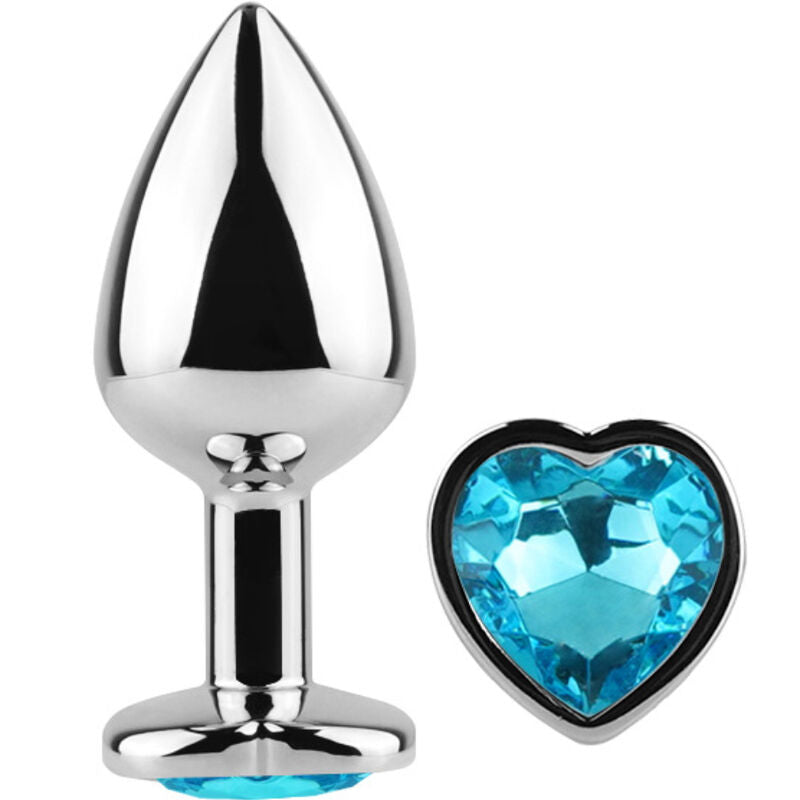 Plug anale in metallo con testa a cuore color diamante celeste 7cm secreatplay