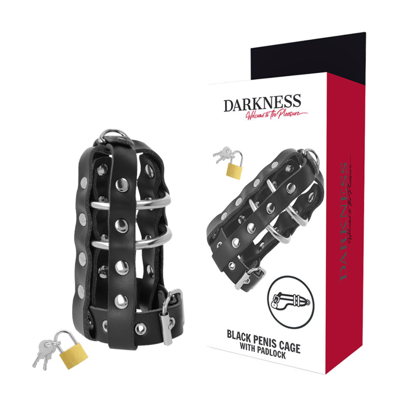 Gabbietta di castità in pelle con borchie e griglia in acciaio per pene con lucchetto fetish bondage darkness 