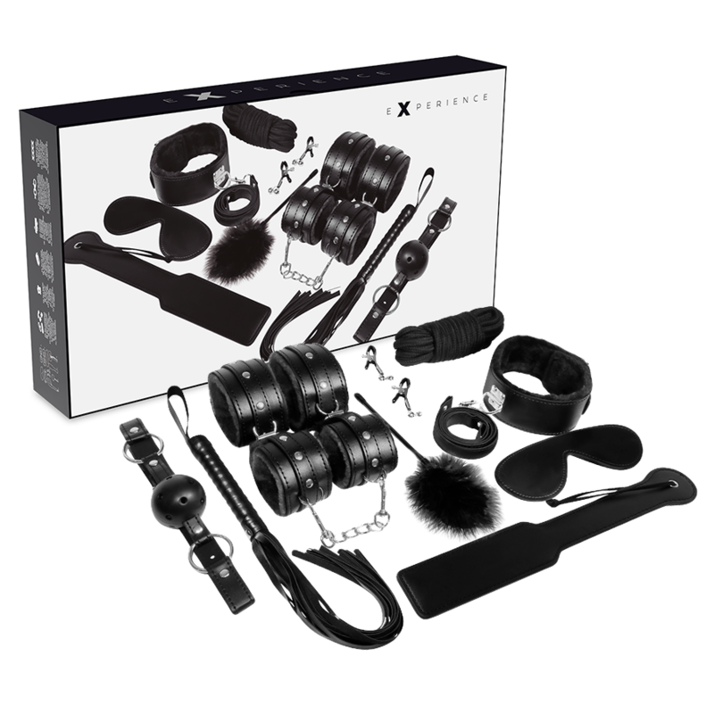 Kit bondage deluxe kit completo di cavigliera polsini maschera paddle corda stringicapezzoli bdsm fetish experience nero