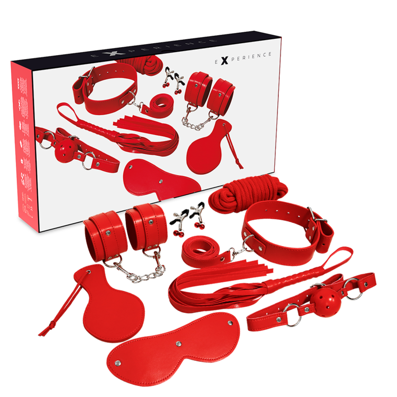 Kit bondage deluxe kit completo di cavigliera polsini maschera paddle corda stringicapezzoli bdsm fetish experience rosso