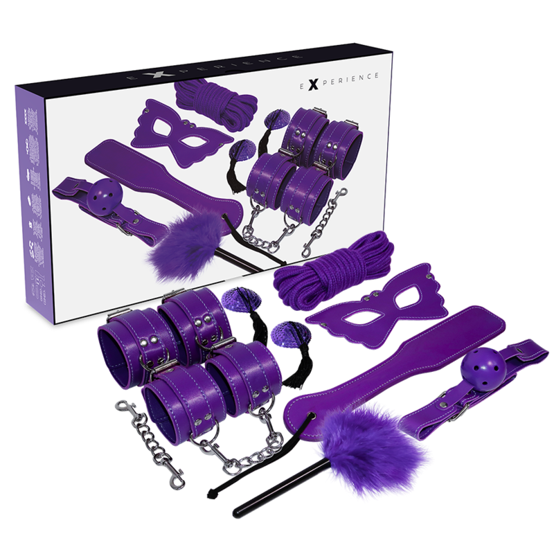 Kit bondage deluxe kit completo di cavigliera polsini maschera paddle corda stringicapezzoli bdsm fetish experience viola