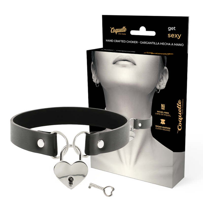 Girocollo collare in pelle vegana con lucchetto a forma di cuore in acciaio con chiave coquette chic