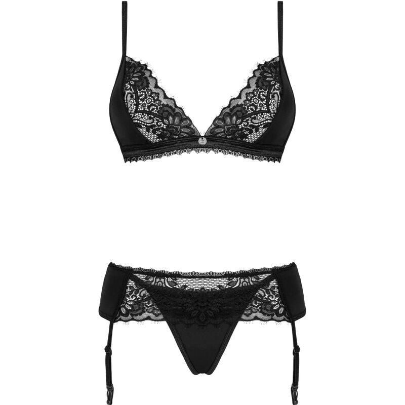 Intimo set 3 pezzi sexy nero in pizzo con reggiseno regolabile perizoma e reggicalze OBSESSIVE