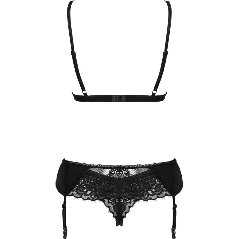 Intimo set 3 pezzi sexy nero in pizzo con reggiseno regolabile perizoma e reggicalze OBSESSIVE